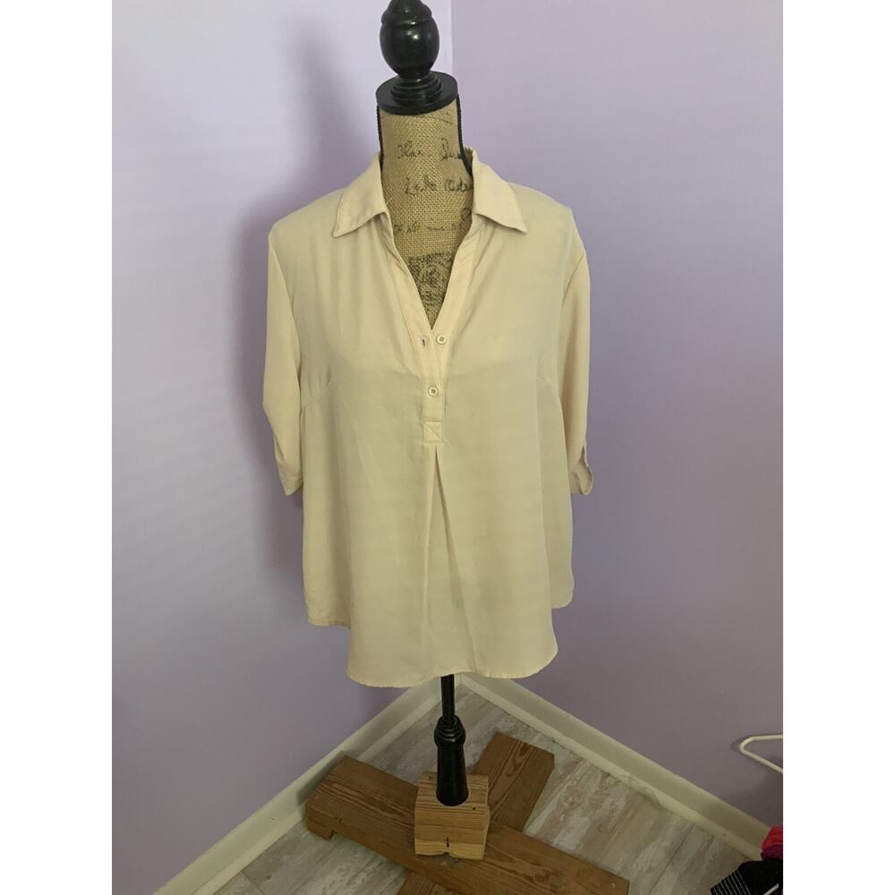 VLD Beige Pullover Blouse Size Small Sheer 3/4 Roll-Up Sleeves